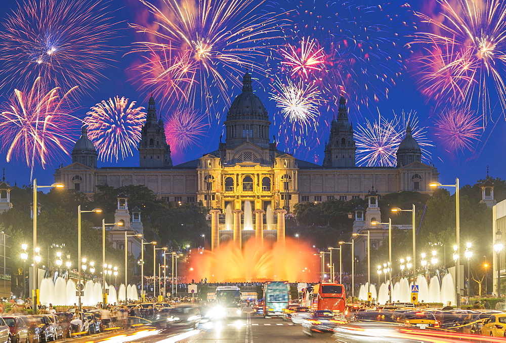 Fireworks, Montjuic, Barcelona, Catalonia, Spain, Europe