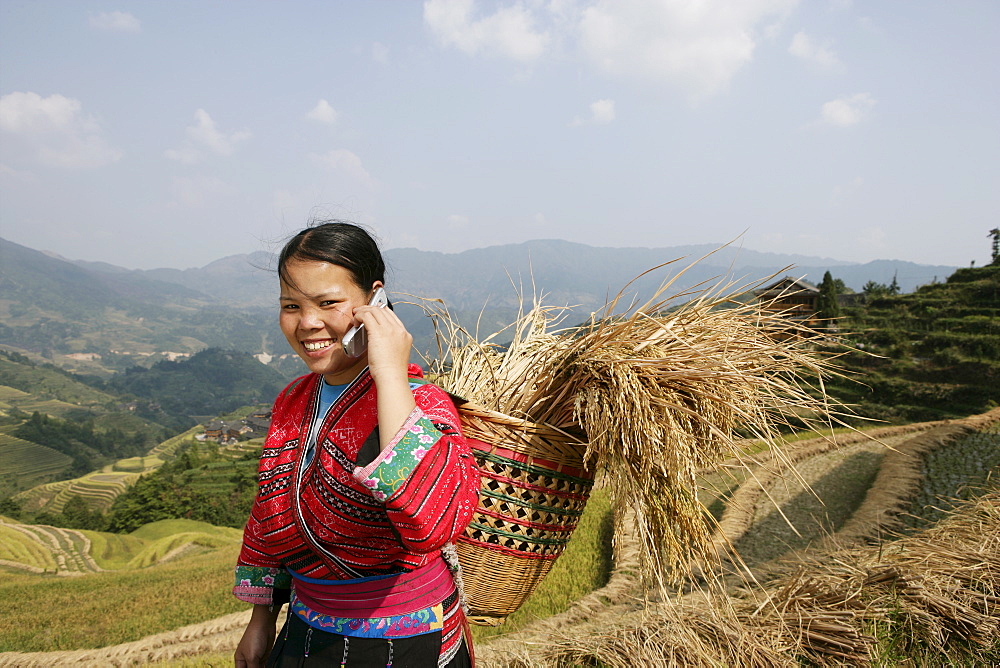 Woman of Yao minority with cellphone, Longsheng terraced ricefields, Guilin, Guangxi Province, China, Asia