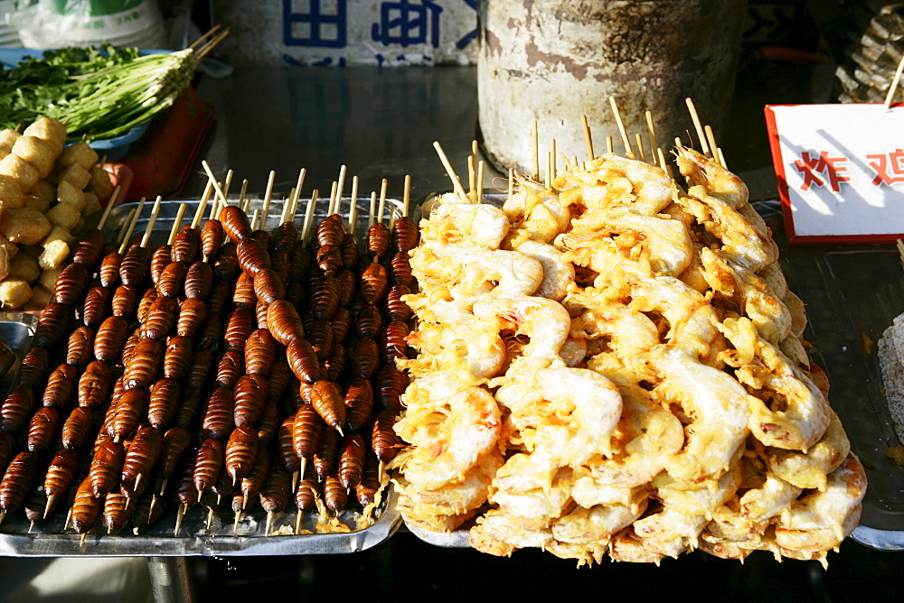 Strange food for sale in Wangfujing Snak Road, Wangfujing Dajie shopping district, Beijing, China, asia