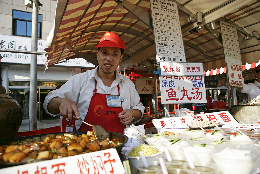 Food vendor in Wangfujing Snak Road, Wangfujing Dajie shopping district, Beijing, China, asia