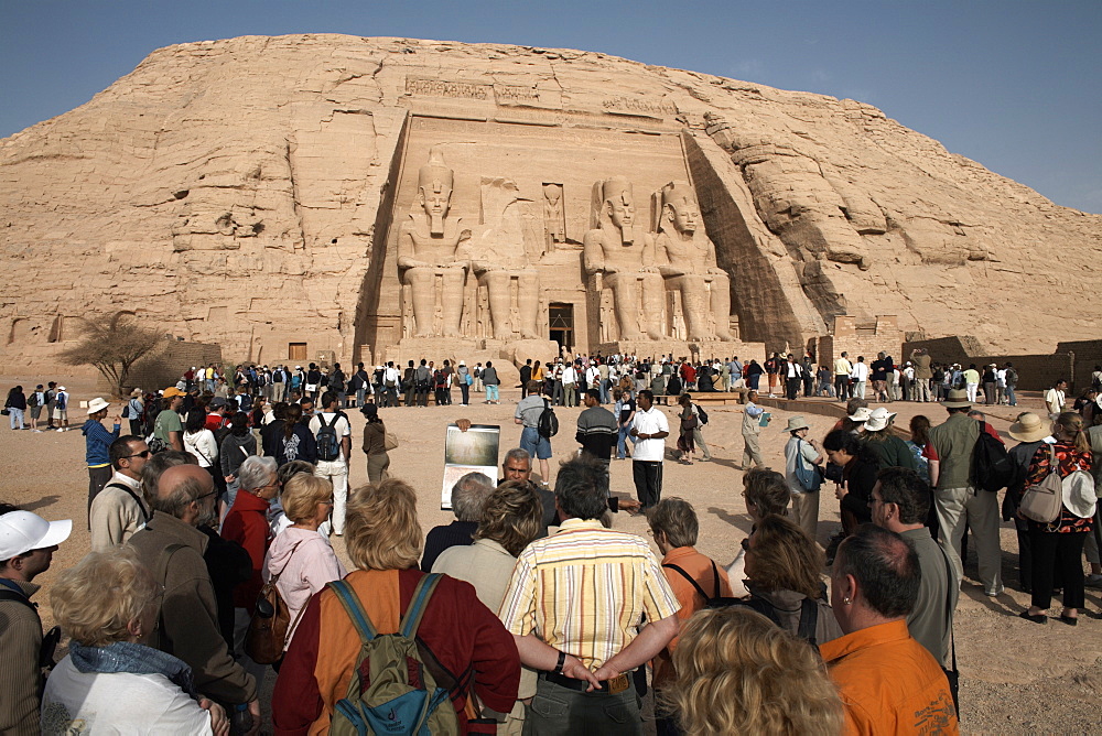 Tourists gather at the Great Temple of Abu Simbel, UNESCO World Heritage Site, Nubia, Egypt, North Africa, Africa