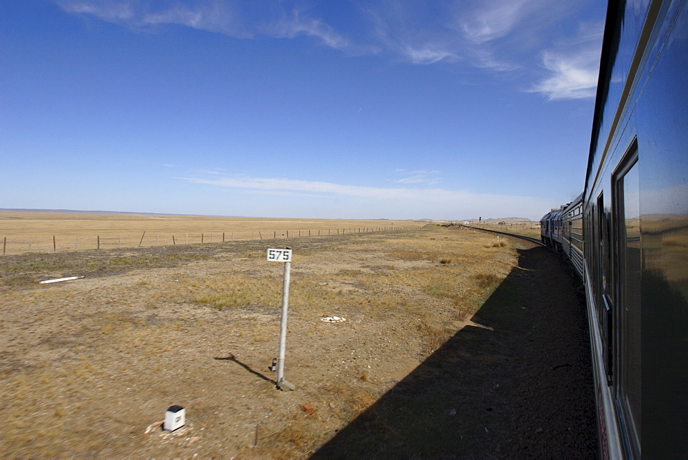 Trans-Mongolian train travelling through the Gobi desert en route to Ulaan Baatar, Mongolia, Central Asia, Asia