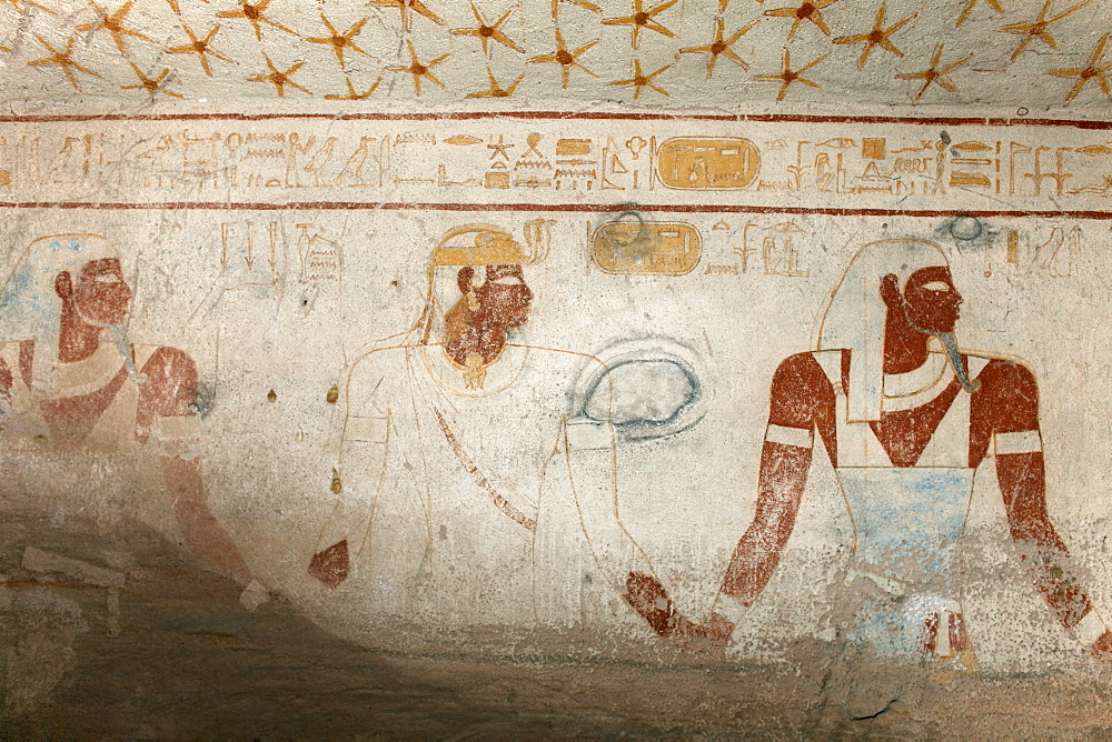 Wall paintings in the tomb of King Tanwetamani, show the ancient Kushite king being led to his burial, part of the royal cemetery, El Kurru, Sudan, Africa