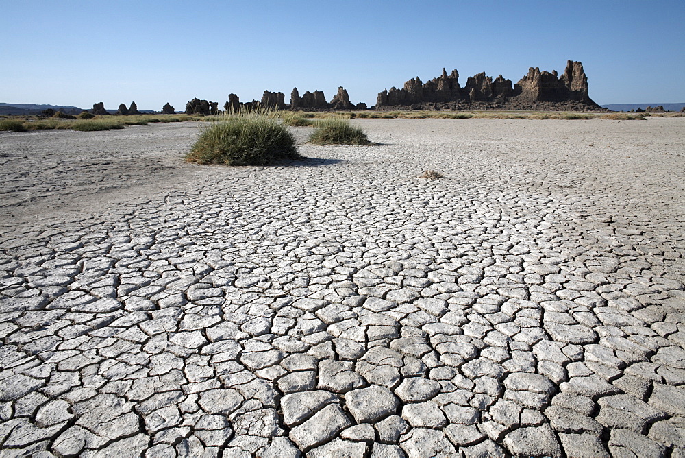 The desolate landscape of Lac Abbe, dotted with limestone chimneys, Djibouti, Africa