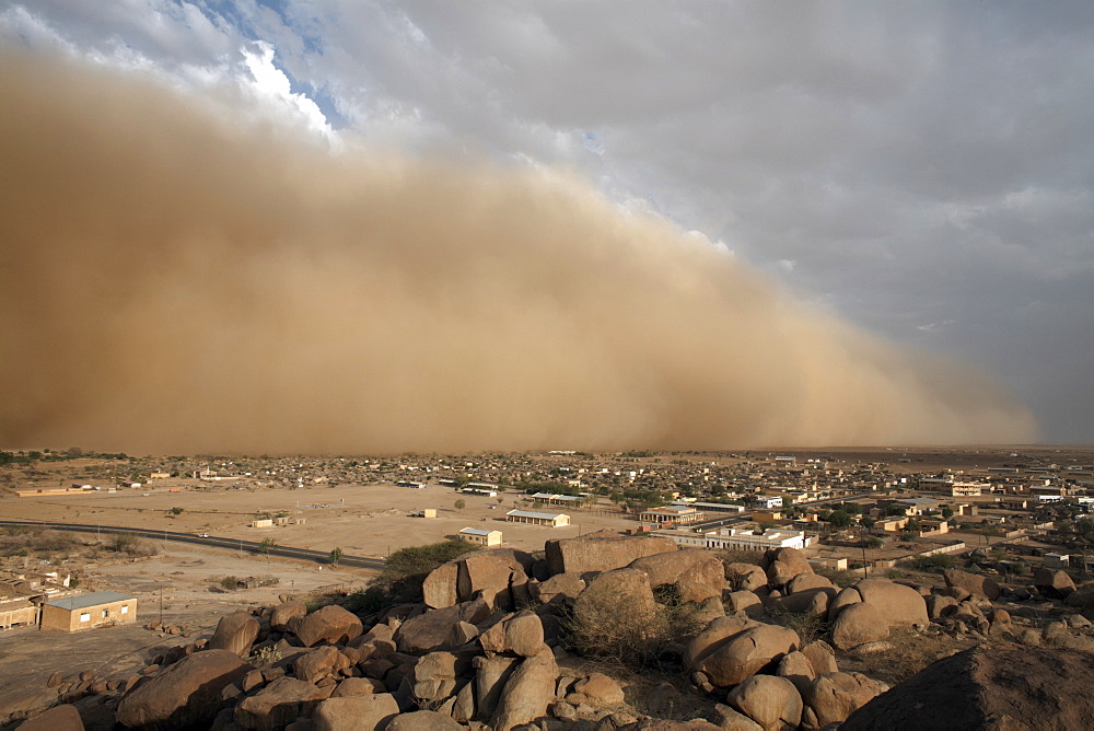 A sandstorm approaches the town of Teseney, near the Sudanese border, Eritrea, Africa