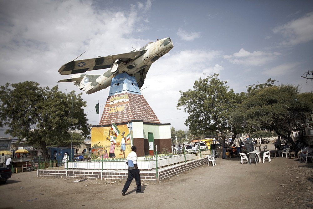 A Somali Air Force MiG jet used to bomb Hargeisa stands as a memorial in the center of Hargeisa city, capital of Somaliland, Somalia, Africa