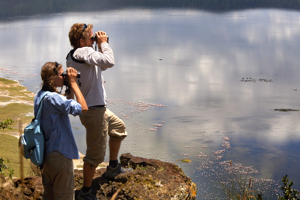 Tourists look down on Lake Nakuru, Lake Nakuru National Park, Kenya, East Africa, Africa