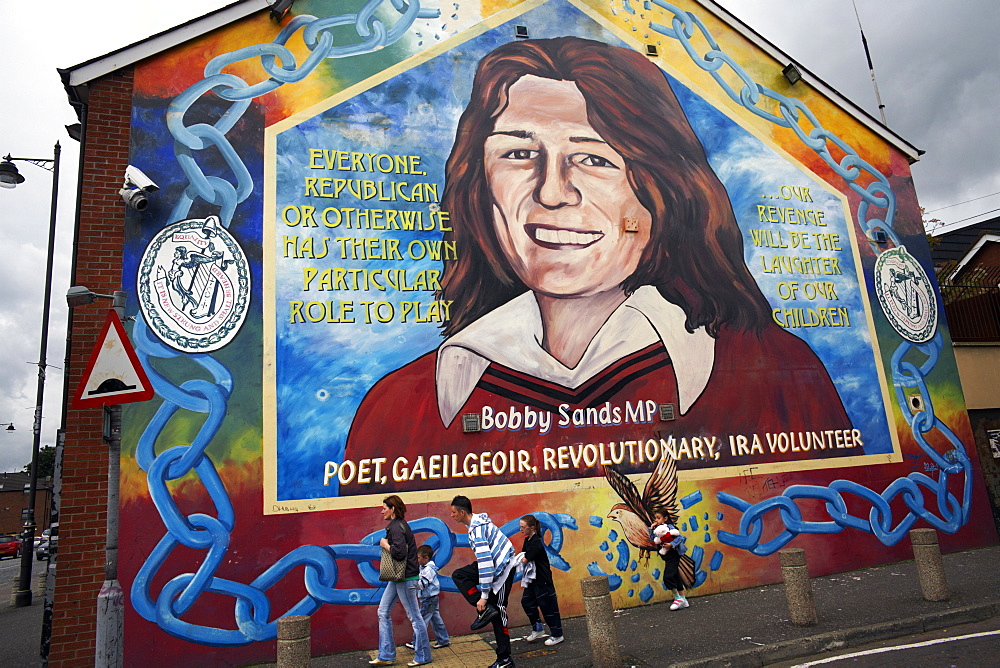 A political mural depicting Bobby Sands is seen on the Falls Road, Belfast, Northern Ireland, United Kingdom, Europe