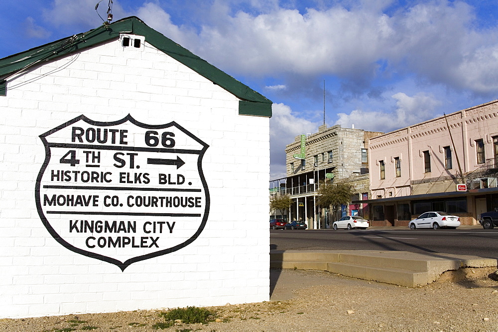 Historic Route 66 sign on Railway shed, Kingman City, Arizona, United States of America, North America