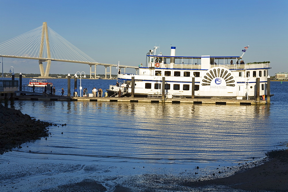 Tour Boat and Arthur Ravenel Jr. Bridge, Liberty Square, Charleston, South Carolina, United States of America, North America