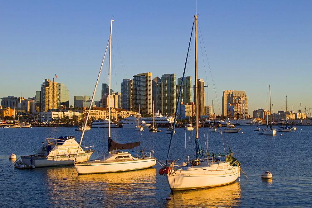 Yachts and San Diego skyline, California, United States of America, North America