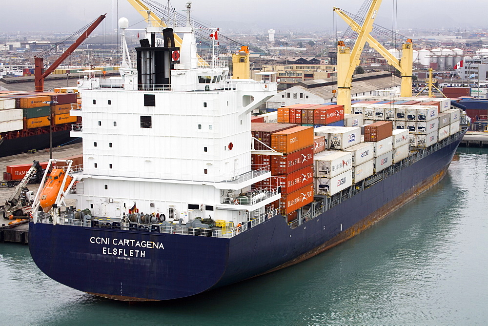 Container ship in the Port of Callao, Lima, Peru, South America