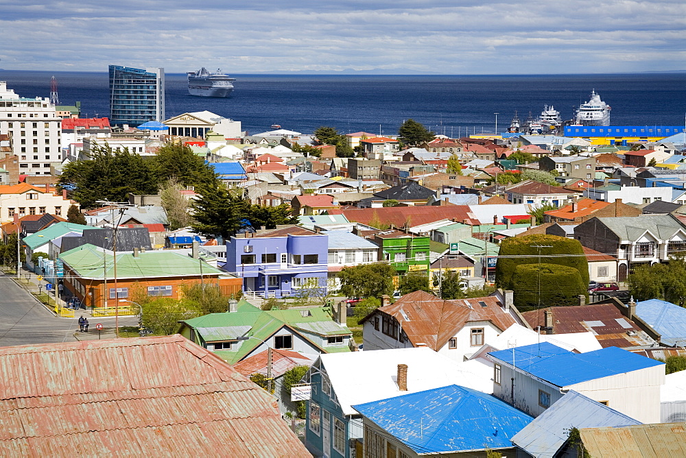 View of Punta Arenas city from La Cruz Hill, Magallanes Province, Patagonia, Chile, South America