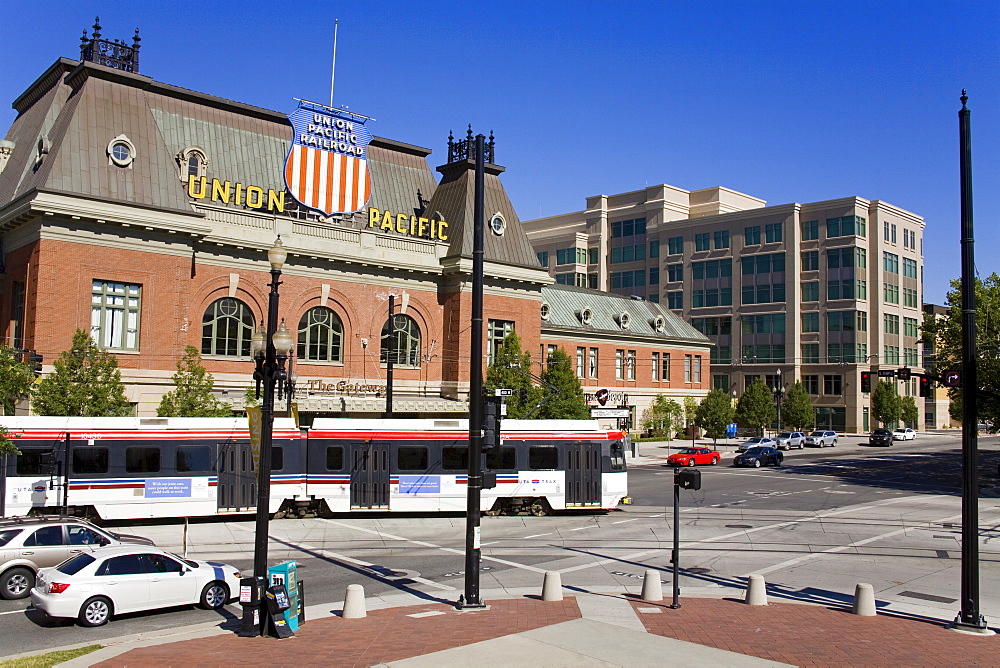 Historic Union Station and Light Rail Train, Salt Lake City, Utah, United States of America, North America