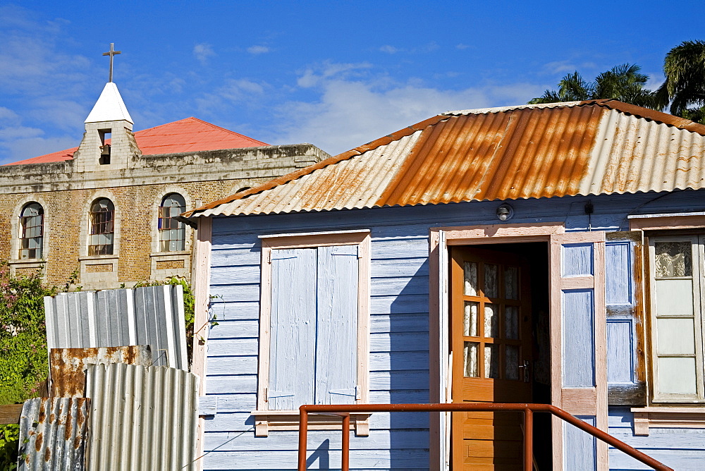 Wooden house and Ebenezer Methodist church, St. Johns, Antigua, Antigua & Barbuda, Lesser Antilles, West Indies, Caribbean, Central America