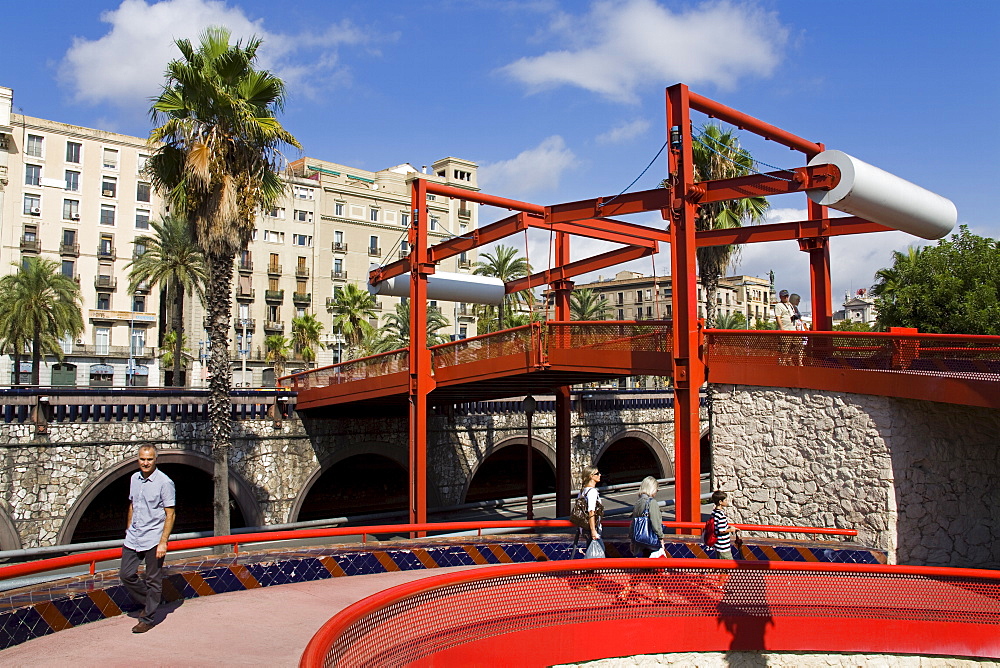 Pedestrian bridge over Rhonda del Litoral, Port Vell District, Barcelona, Catalonia, Spain, Europe