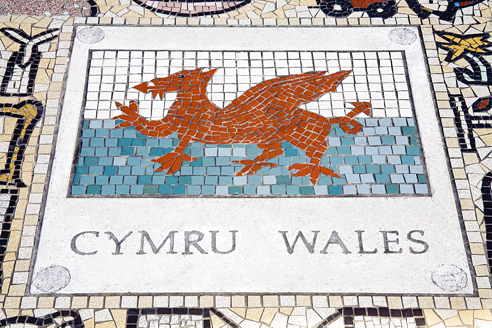 Tile mosaic of Welsh crest at Millennium Stadium, Cardiff City, Wales, United Kingdom, Europe