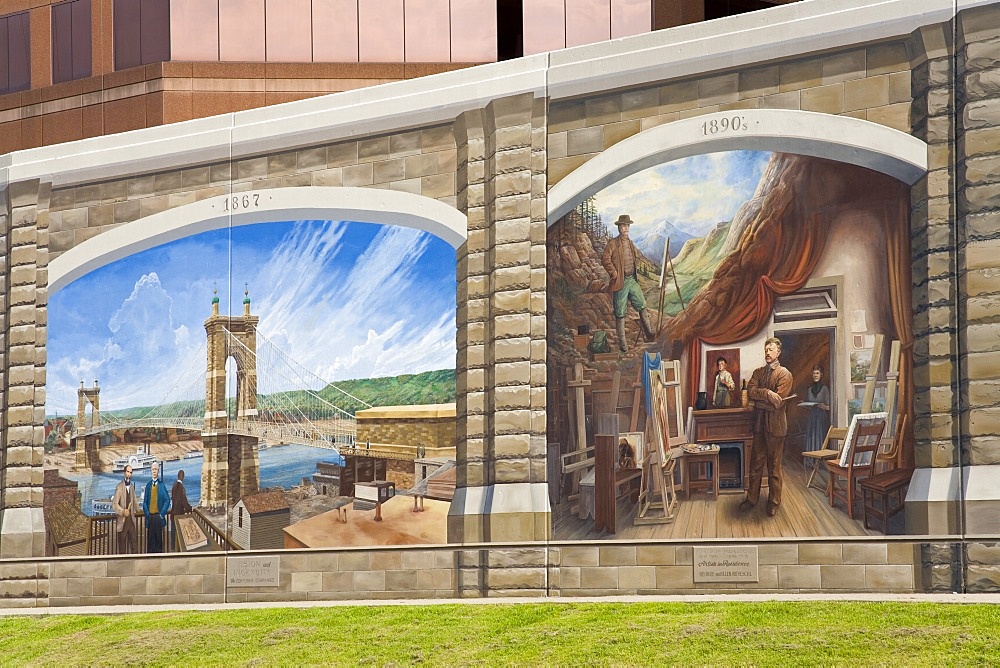 Roebling mural by Robert Dafford on the Ohio River levee, Covington, Kentucky, United States of America, North America