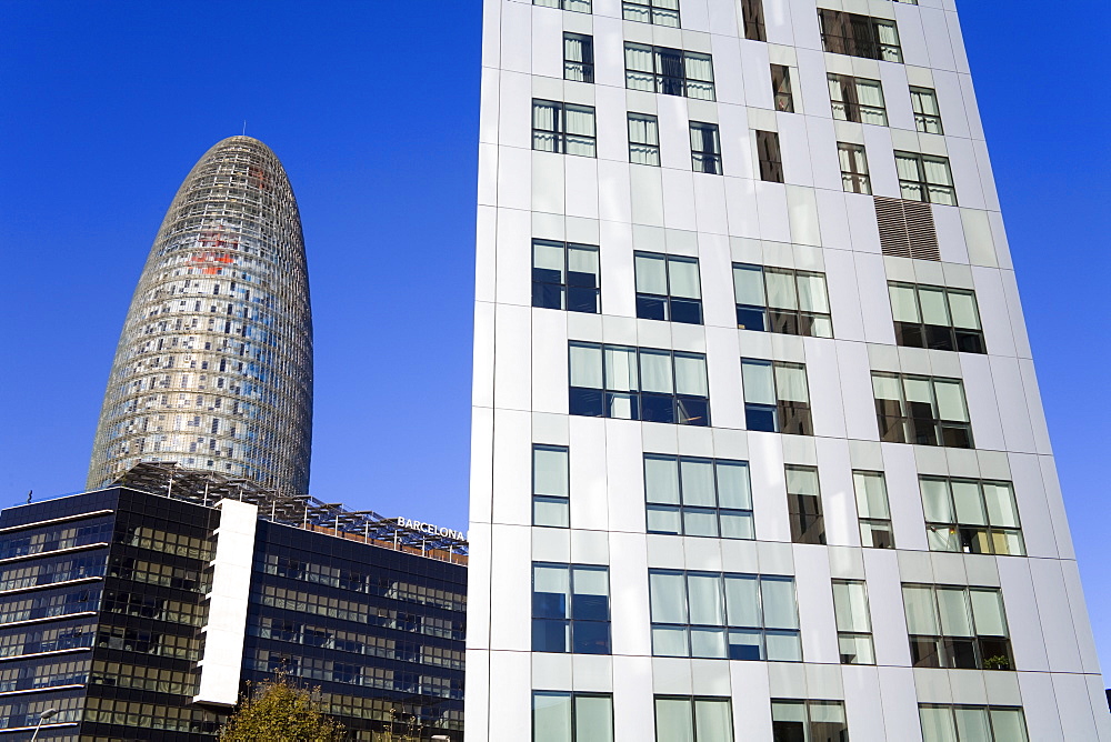 Torre Agbar skyscraper and Novotel Hotel on Avenue Diagonal, Barcelona, Catalonia, Spain, Europe