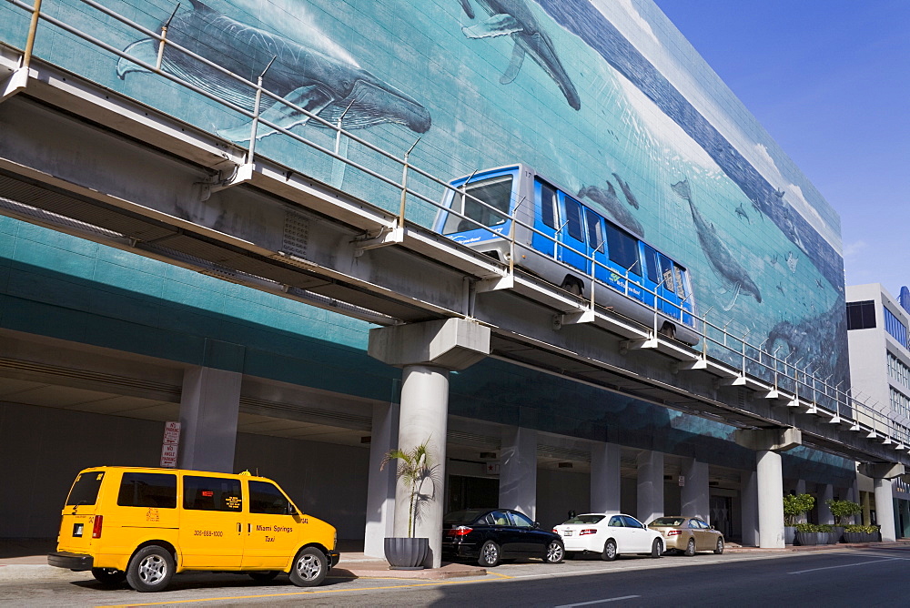 Metromover and mural by Wyland on SE 1st Street, Miami, Florida, United States of America, North America