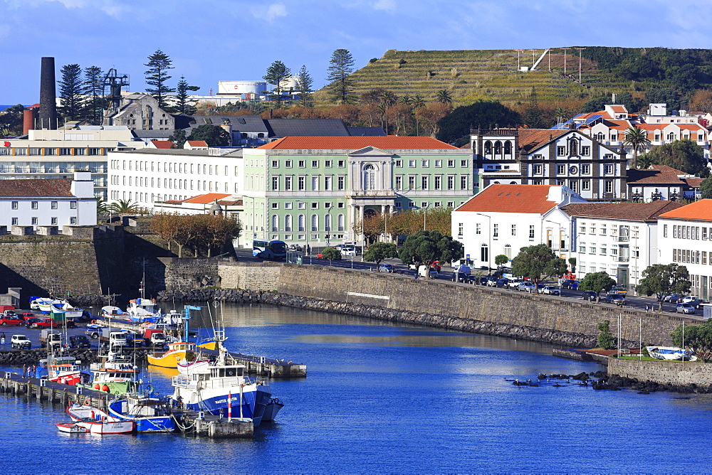 Fishing boats in harbour, Ponta Delgada City, Sao Miguel Island, Azores, Portugal, Atlantic, Europe 