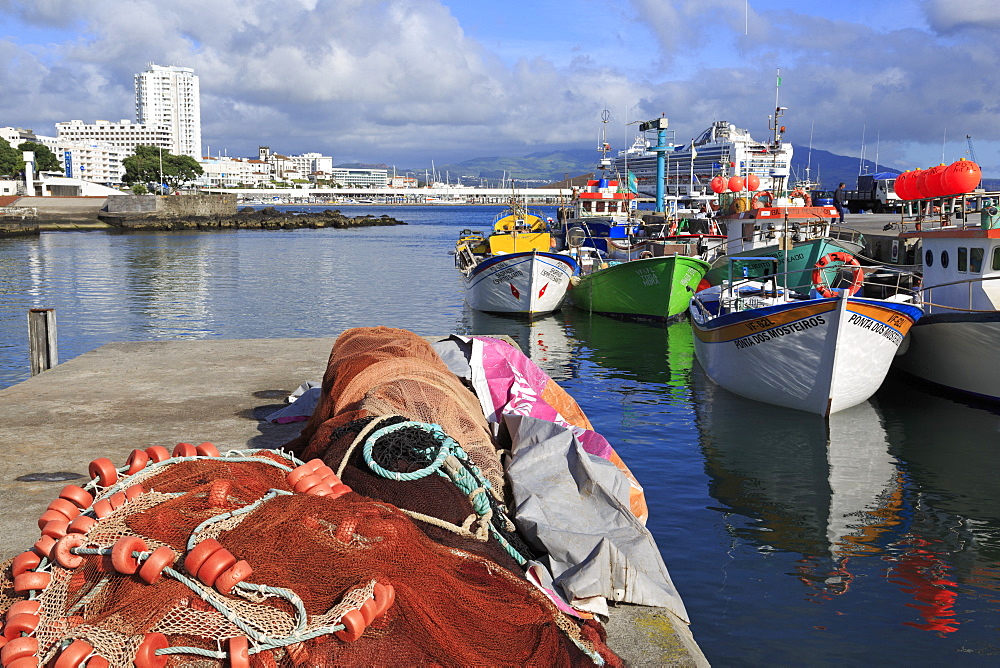 Fishing boats in harbour, Ponta Delgada Port, Sao Miguel Island, Azores, Portugal, Atlantic, Europe