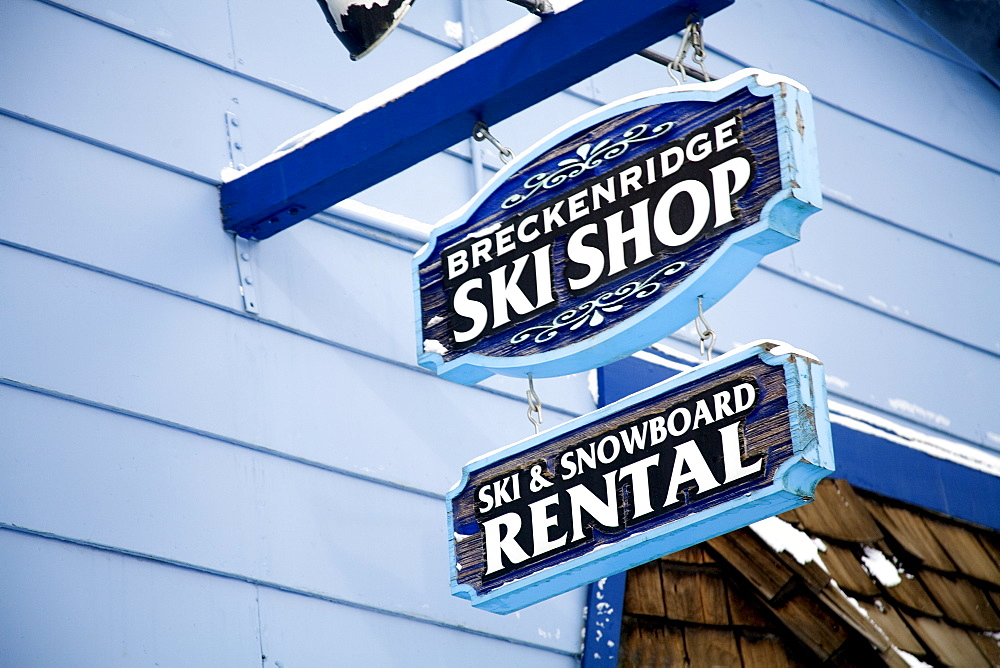 Sign outside ski rental store, Breckenridge, Rocky Mountains, Colorado, United States of America, North America