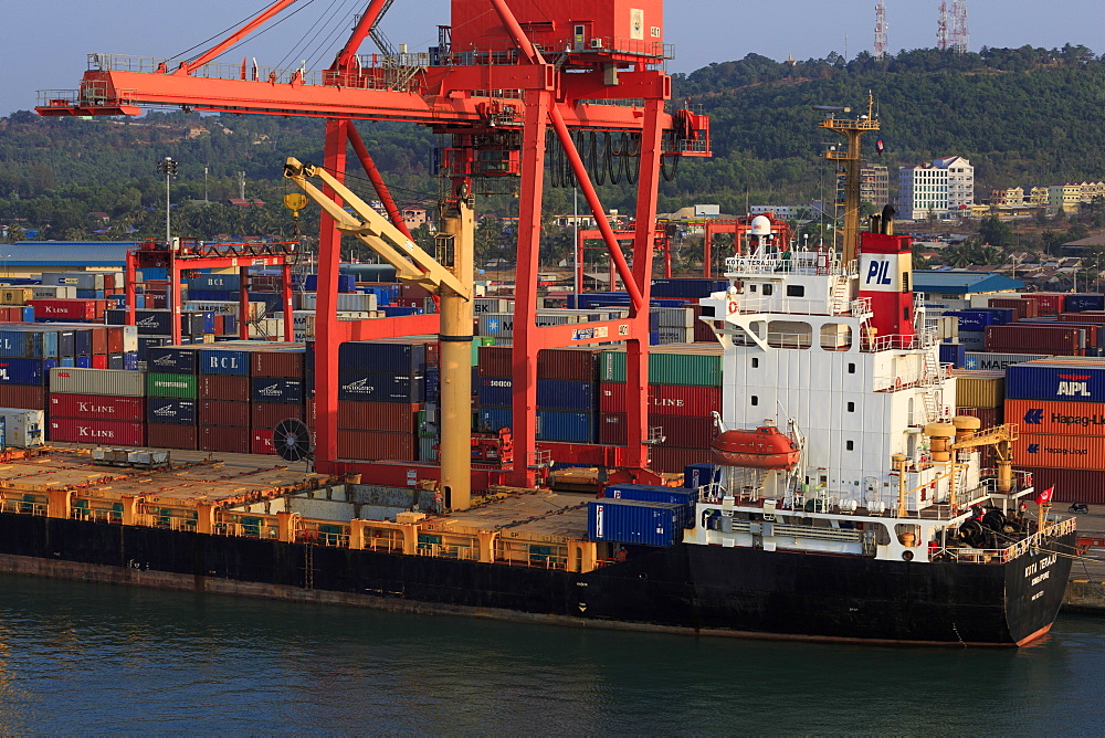 Container ship in Sihanoukville Port, Sihanouk Province, Cambodia, Indochina, Southeast Asia, Asia