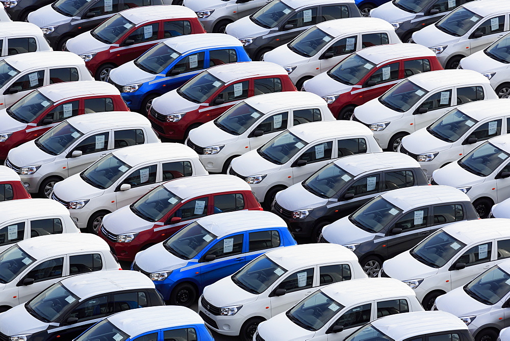 New cars, Port of Zeebrugge, Blankenberge, Flanders, Belgium, Europe