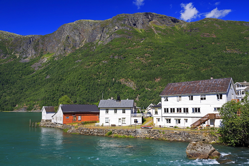 Buildings and Eidselvi River, Skjolden Village, Sognefjord, Sogn og Fjordane County, Norway, Scandinavia, Europe