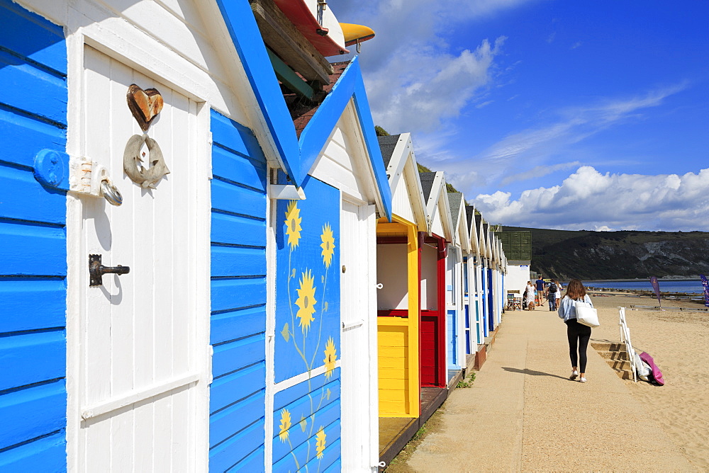 Beach huts, Swanage Town, Isle of Purbeck, Dorset, England, United Kingdom, Europe