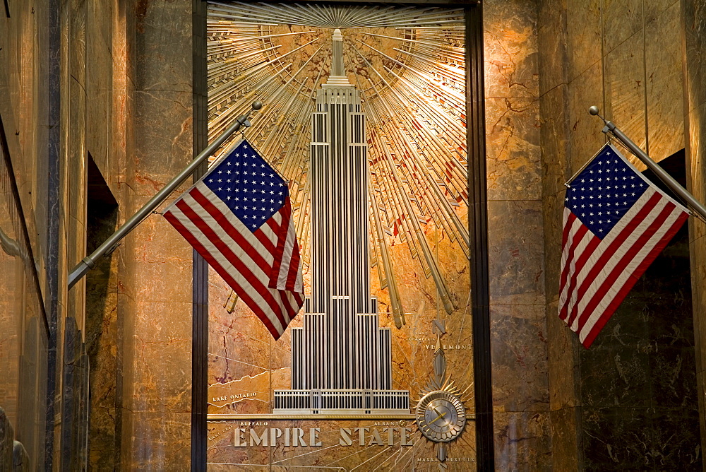 Wall detail of Empire State Building lobby, Midtown Manhattan, New York City, New York, United States of America, North America