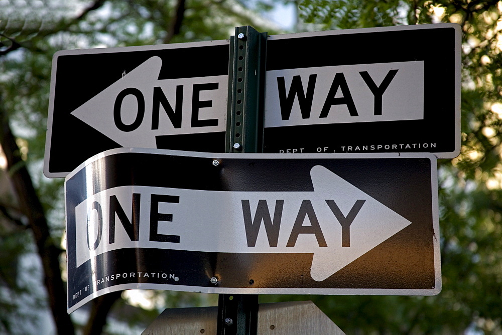 Confusing street signs in Lower Manhattan, New York City, New York, United States of America, North America