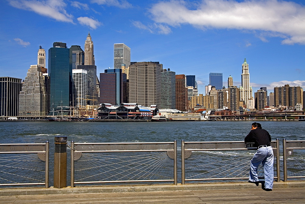 Lower Manhattan viewed from Fulton Ferry Landing, Dumbo District, Brooklyn, New York City, New York, United States of America, North America