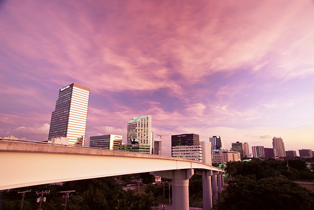 Brickell Avenue skyline and Metromover, Miami, Florida, United States of America, North America