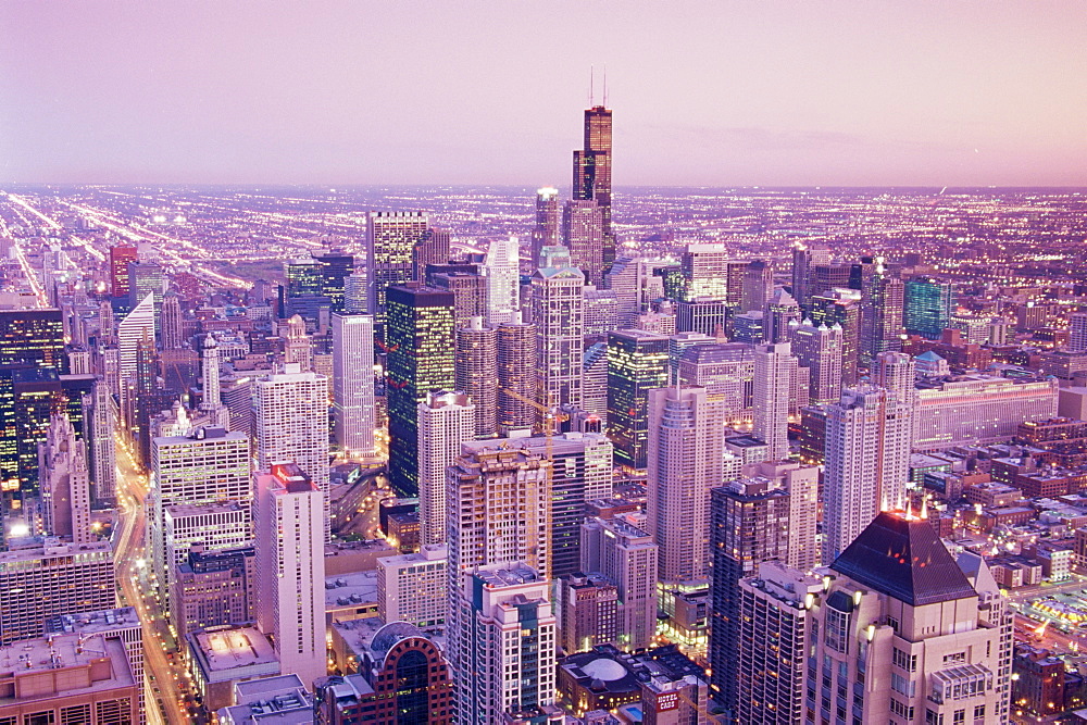 View over city from Hancock Tower Observation Deck, Chicago, Illinois, United States of America, North America