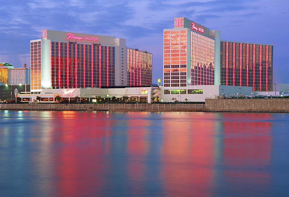 Flamingo Casino reflected in the Colorado River, Laughlin, Nevada, United States of America, North America