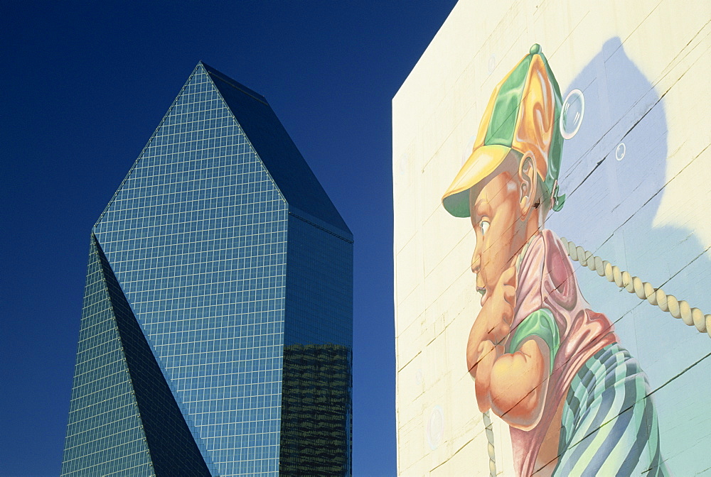 Fountain Place Tower and mural, Dallas, Texas, United States of America, North America