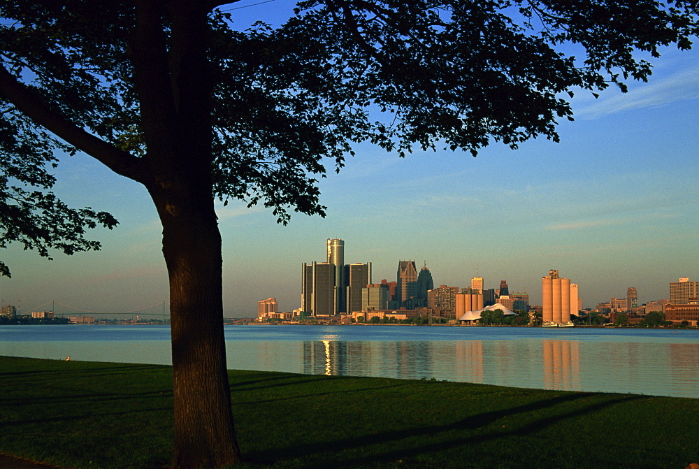 City skyline view from Belle Isle Park, Detroit River, Michigan, United States of America, North America