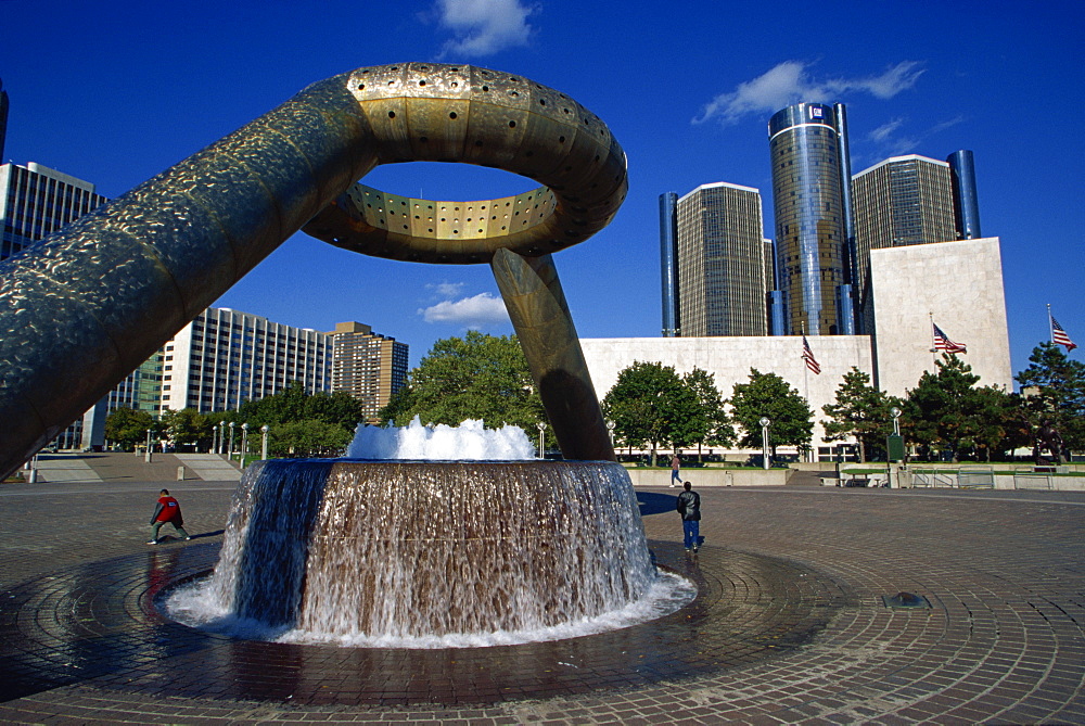 Hart Plaza fountain and Renaissance Center, Detroit, Michigan, United States of America, North America