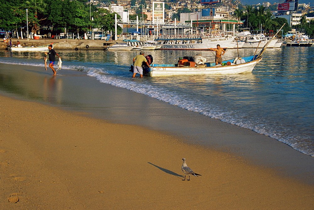 Fishing boat on beach, Old Town, Acapulco, Guerrero State, Mexico, North America