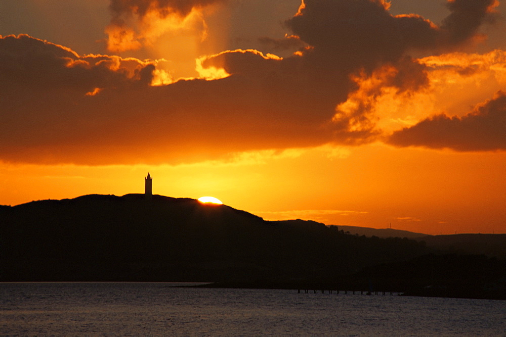 Sunset over Scrabo Tower, Strangford Lough, County Down, Ulster, Northern Ireland, United Kingdom, Europe