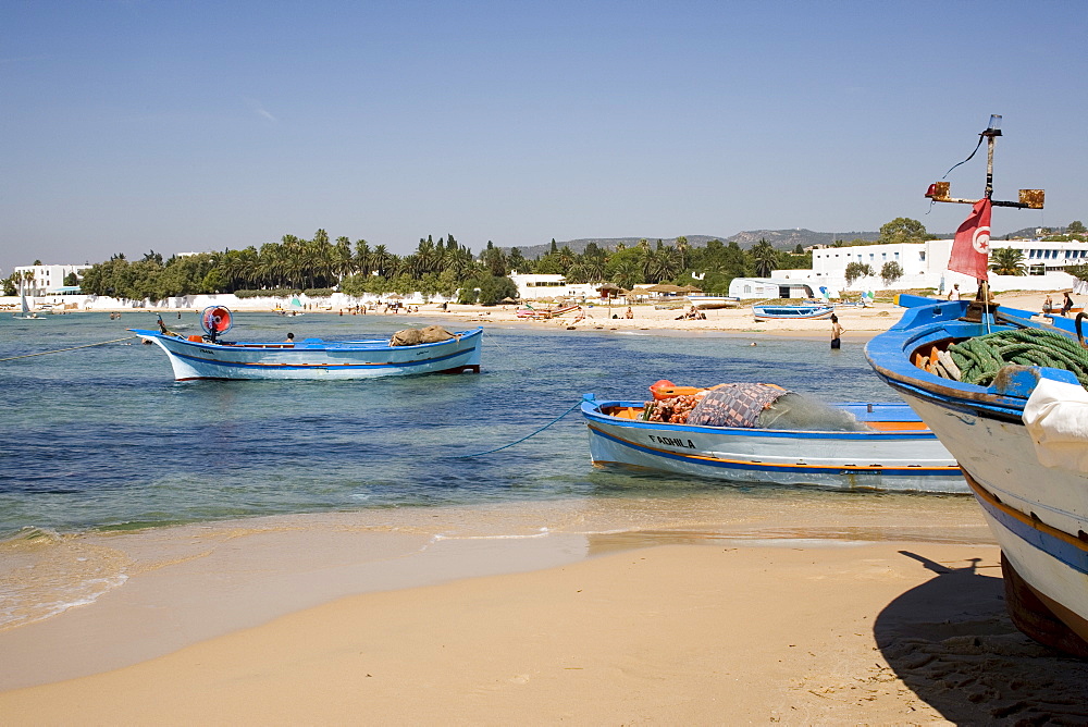 Fishing boats and beach, Hammamet, Tunisia, North Africa, Africa