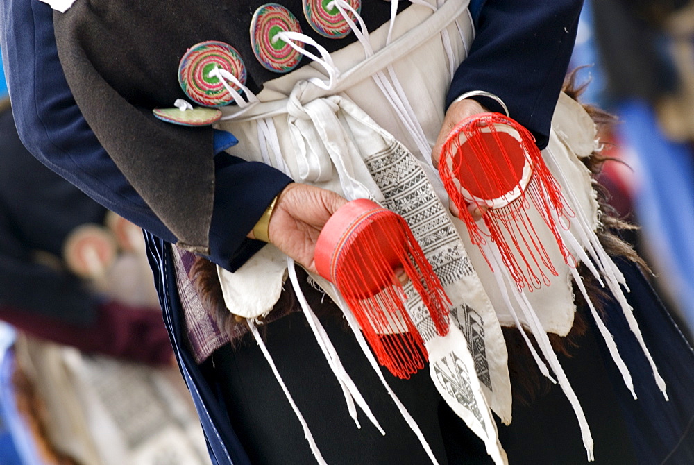 Naxi woman in traditional dress, rear view, Baisha, Yunnan, China, Asia