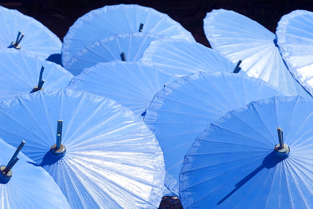 Blue umbrellas drying in the sun, Borsang, Chiang Mai, Thailand, Southeast Asia, Asia