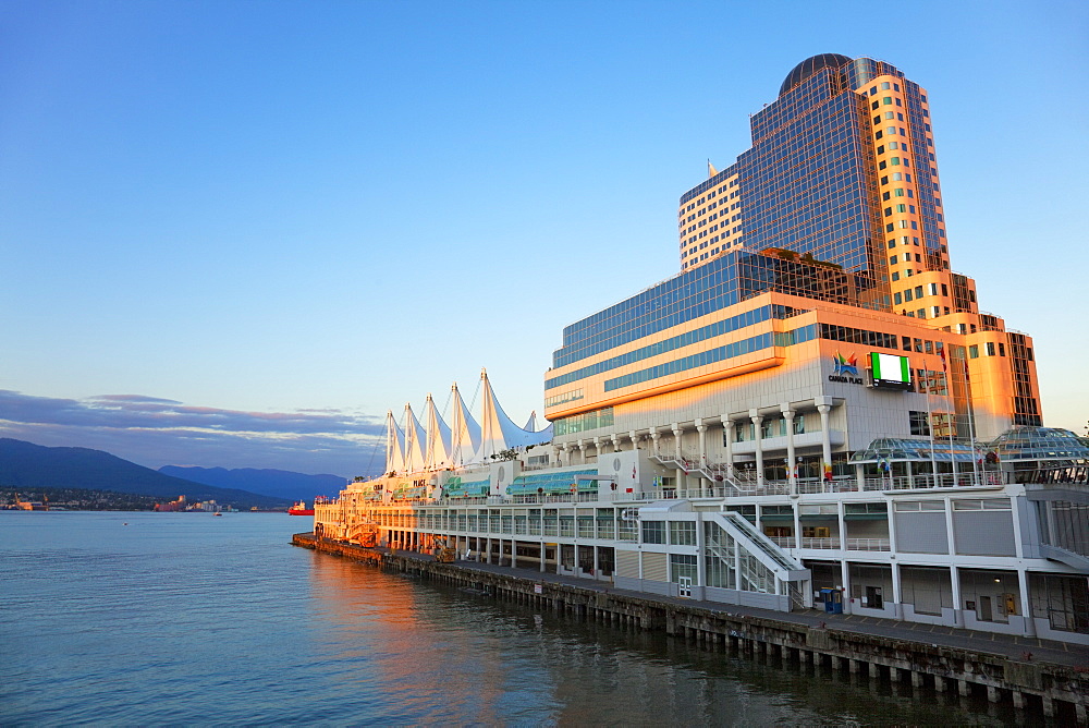 Canada Place at dusk, Downtown Vancouver waterfront, Vancouver, British Columbia, Canada, North America