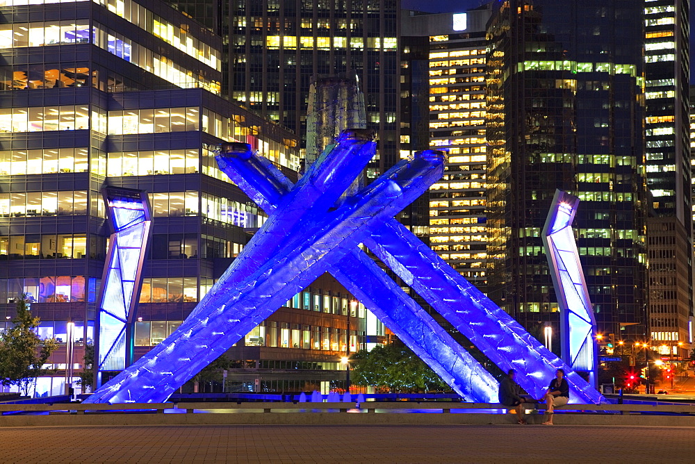 Olympic Flame burner at night near the Convention Centre, Waterfront downtown, Vancouver, British Columbia, Canada, North America