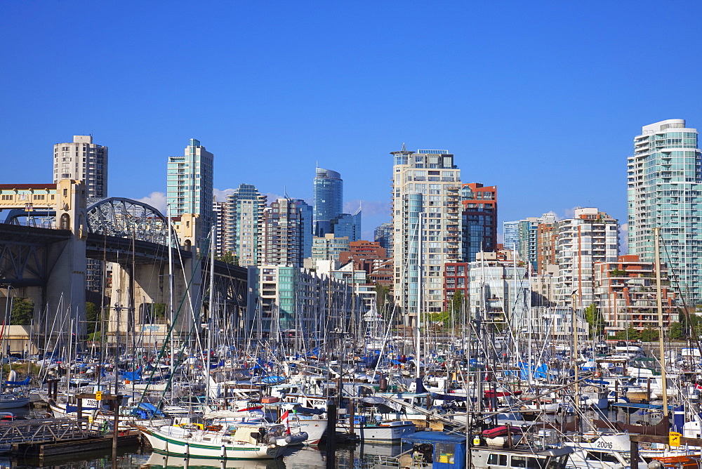 Yachts moored in False Creek at Granville Island with Burrard Bridge, Vancouver, British Columbia, Canada, North America