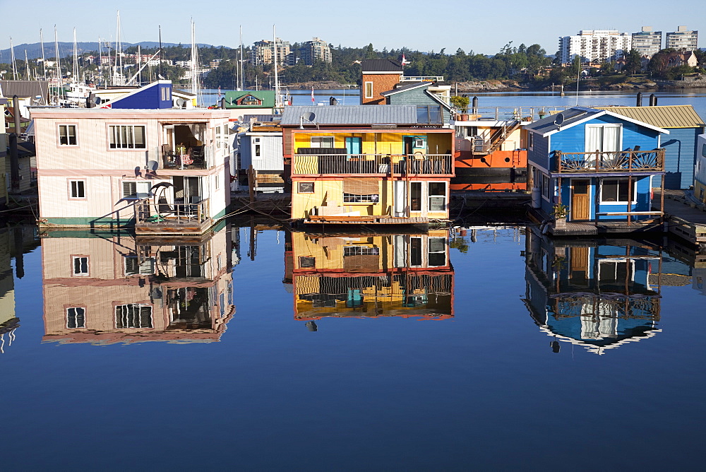 Colourful boat houses, Fisherman's Wharf, Victoria, Vancouver Island, British Columbia, Canada, North America