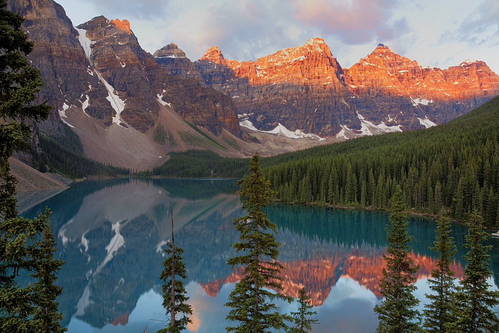 Early morning reflections in Moraine Lake, Banff National Park, UNESCO World Heritage Site, Alberta, Rocky Mountains, Canada, North America